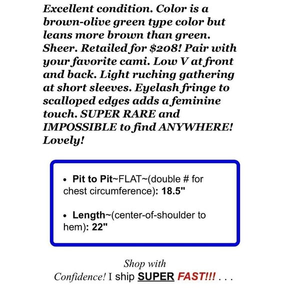 Joie Sz S Olive Brown Deep V Sheer Scalloped Eyelash Lace Top Blouse Ruched - Picture 12 of 12